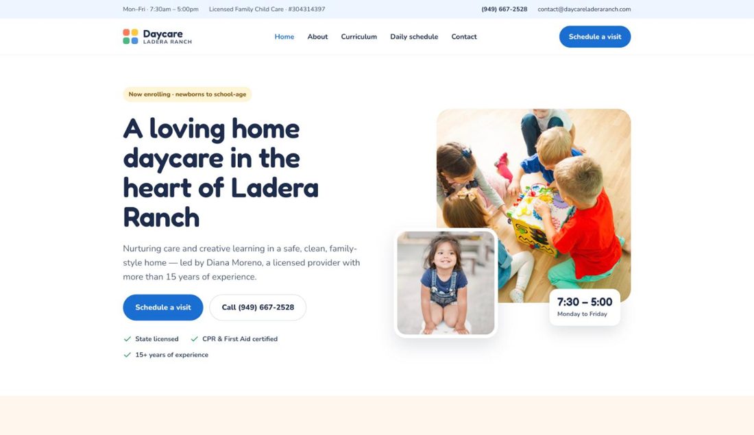 Daycare Ladera Ranch website on a laptop